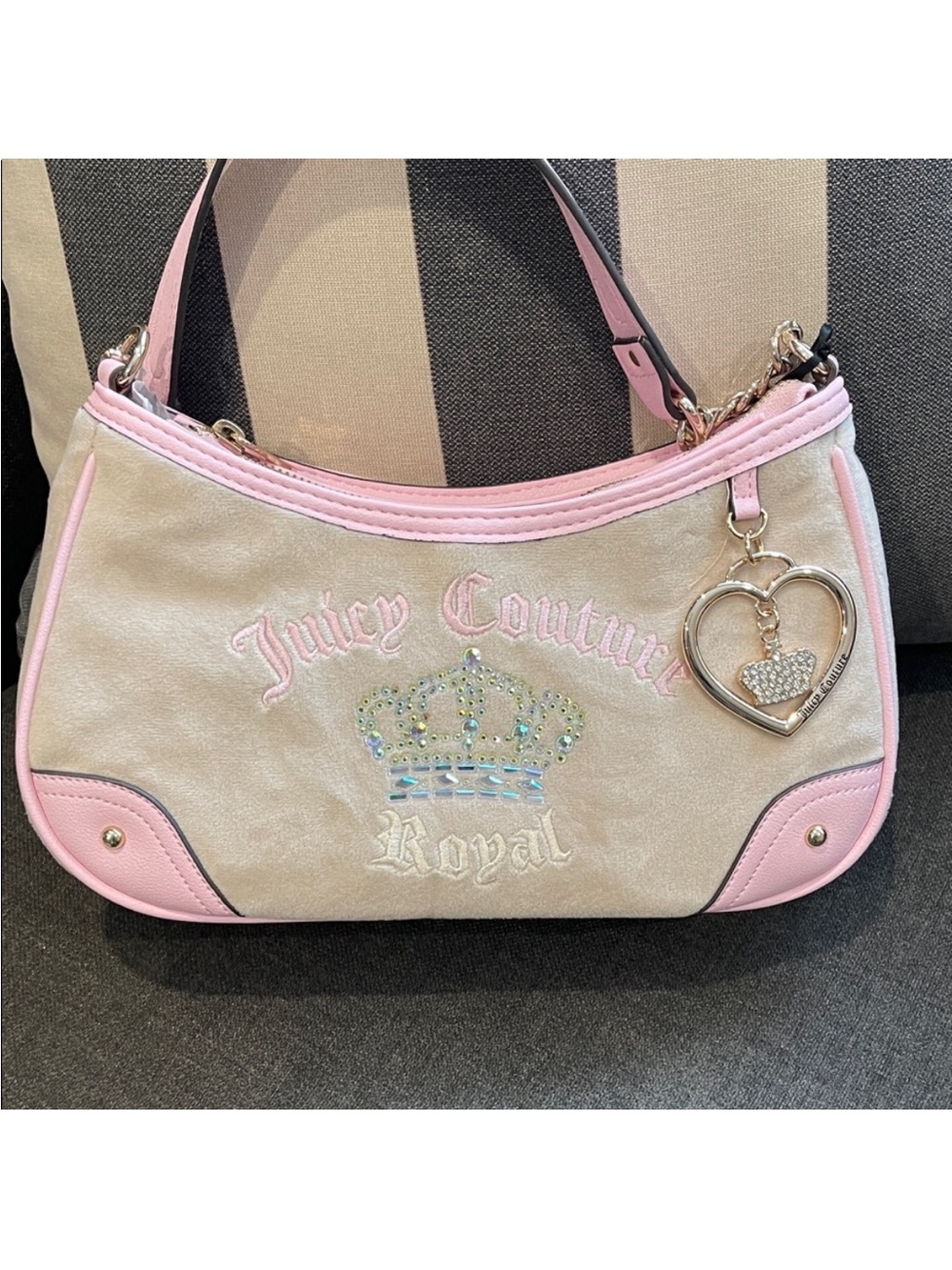 Juicy Couture Pink and Cream Embroidered Royal Shoulder Bag